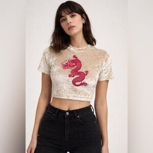 Lazy Oaf Cream Velvet Dragon Crop Top - Stretchy Short Sleeve Tee, Size M
